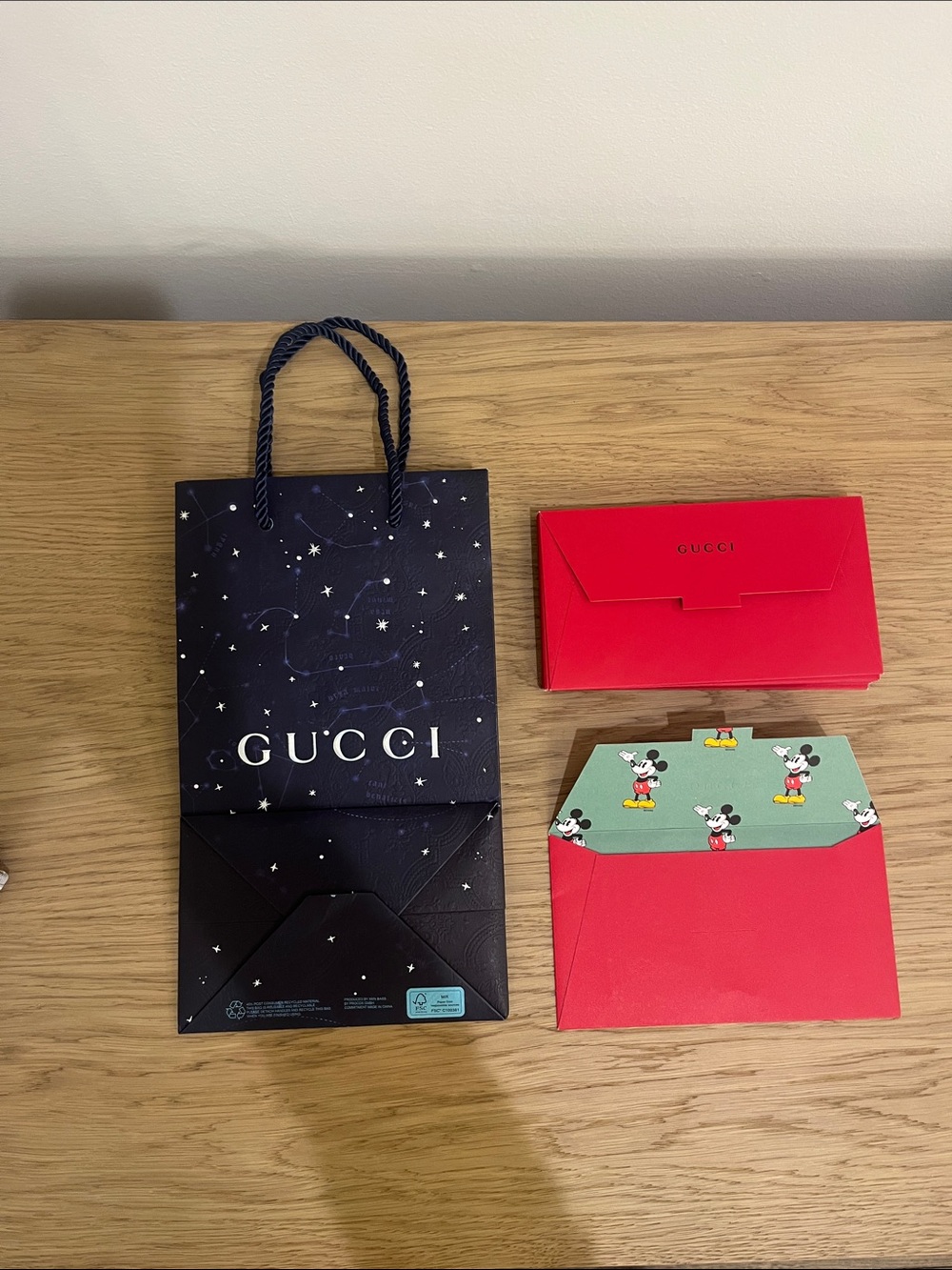Gucci Navy Star Print Gift Bag with Red Envelopes and Mickey Inserts